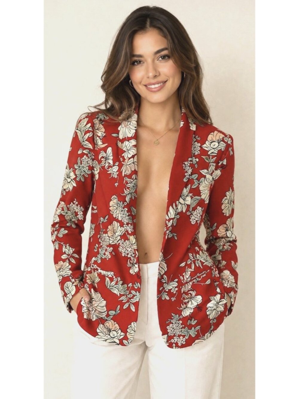 Zara Red White Floral Open Front Blazer Jacket